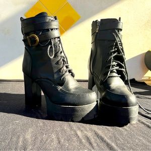 Black Buckle Lace Up Heel Boots